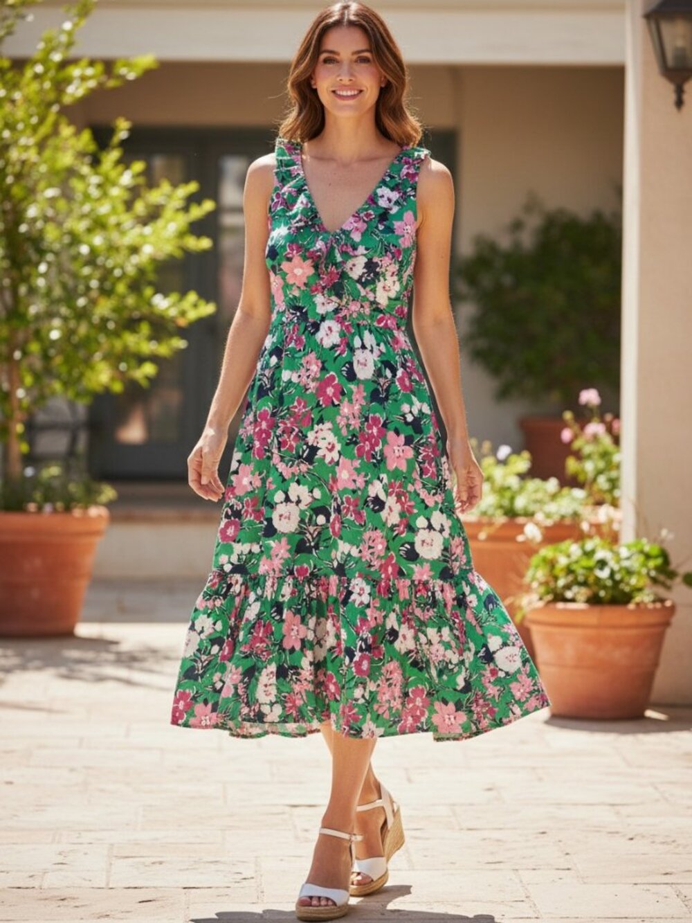 J.Crew Floral Ruffle‎ Midi Dress Women Size 2 Green Pink Excellent Cotton Tiered